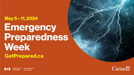 Lightning in night sky. Text: May 5-11, 2024. Emergency Preparedness Week. GetPrepared.ca