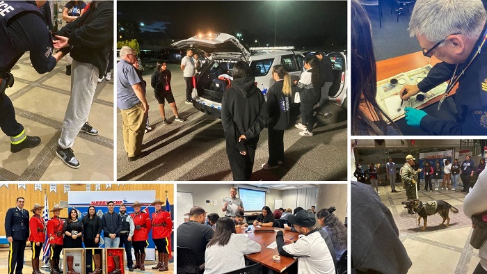 Collage de photos de l'Académie citoyenne et jeunesse 2023, montrant une simulation d'arrestation, des participants vérifiant une voiture de police, une leçon de médecine légale, la remise des diplômes de l'Académie, des participants assis à des tables pour une leçon et une démonstration de chiens policiers.