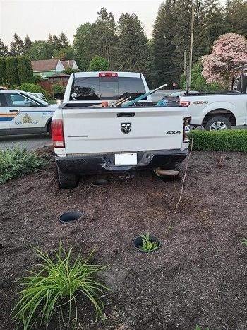 Photo of pickup truck in garden, with police car next to it