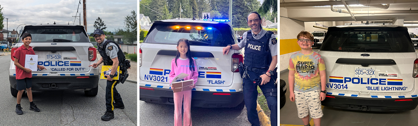 Des membres de l’équipe de soutien aux jeunes de la GRC à North Vancouver posent avec les élèves qui ont remporté le concours « trouvez un nom pour une voiture de police ». On voit aussi les voitures, arborant leur nouveau nom.