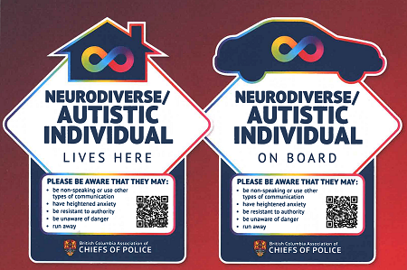 Poster of sticker that says: Neurodiverse / Autistic Individual lives here.  Please be aware that they may: be non-speaking or use other types of communication; have heightened anxiety; be resistant to authority; be unaware of danger; run away.