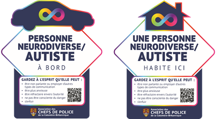 Texte sur le graphique : une personne neurodiverse/autiste habite ici personne neurodiverse/autiste à bord gardez à l’esprit qu’elle peut :  être non parlante ou employer d’autres types de communication, être plus anxieuse, être réfractaire envers l’autorité, ne pas être consciente du danger, s’enfuir. British Columbia Association of Chiefs of Police.