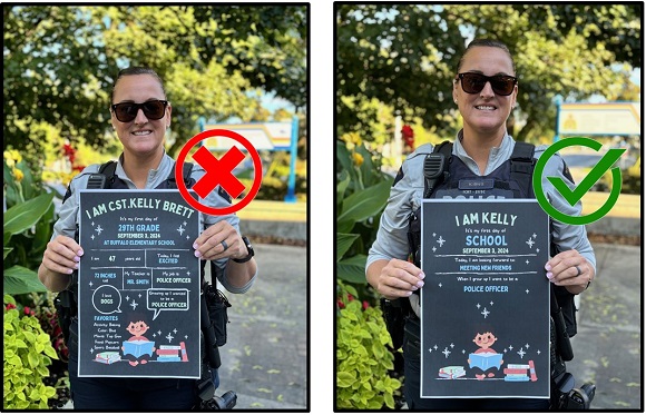 Two photos side by side of a police officer holding up a sign.  The signs are to address the right and wrong way in posting information on-line about your children returning to school, and keeping the information simple and non descript.