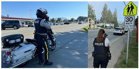 Two photos of officers conducting speed enforcement in school zones