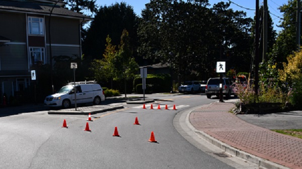 roundabout intersection with traffic cones