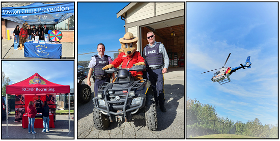 Four photos: Crime prevention volunteers; an RCMP recruiting booth; officers and Sergeant Safety Bear standing next to a police ATV; the RCMP helicopter taking off.