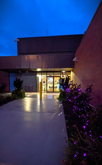 Photo of purple lights outside the Mission RCMP detachment.