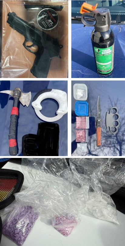 Photo Collage: Top right corner: BB Gun Top Left corner Bear spray Middle right: Axe and brass knuckles Middle left: various drugs, knife and brass knuckles Bottom: three bags of suspected drugs