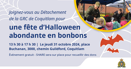 Affiche d’invitation publique au party d’Halloween de la GRC, le jeudi 31 octobre 2024 de 13 h 30 à 17 h 30. Détachement de la GRC à Coquitlam – place Buchanan, 3000, ch. Guilford.