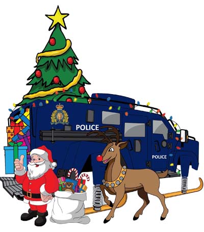 Cartoon photo of Santa and Rudolph the Red Nosed Reindeer standing in front of police truck on skis and Christmas tree and presents in the background