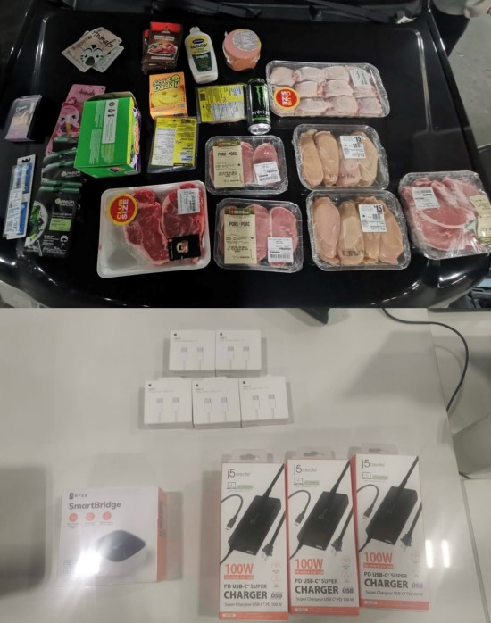 collage of recovered stolen goods including meat, electronics, and household items