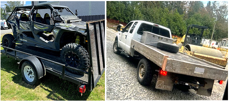 Two photos: Stolen trailer with Polaris side-by-side on it, and stolen flatdeck truck