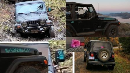 The frontend of a Jeep TJ with a turquoise palm print decal on the driver’s side mirror 