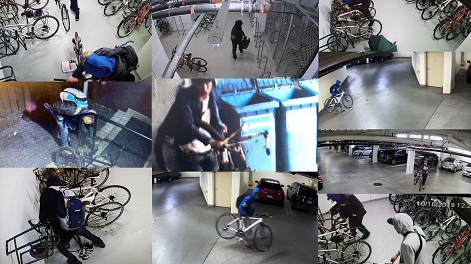 collage of photos showing thefts of bicycles from parkades