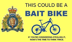 image of bike with "This could be a bait bike: if you're considering stealing it, now's the time to think twice"