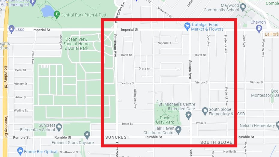 Carte de Burnaby marquée d’un carré rouge délimitant la zone comprise entre l’avenue Patterson, la rue Imperial, l’avenue Frederick et la rue Rumble.