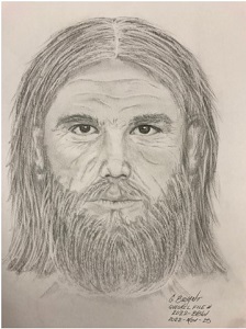 Composite sketch of suspect. Man with long hair and beard. 
