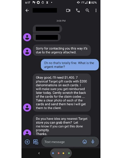 a screen shot image of text conversation between a scammer and victim