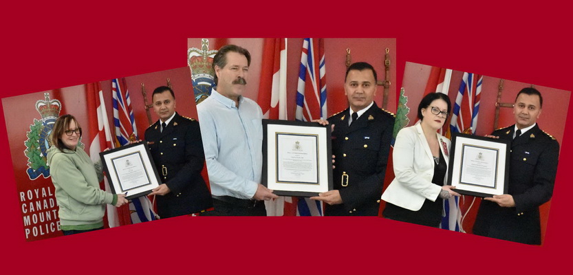 Des photos du surintendant principal Dave Chauhan avec Tracey Hill, Stephen Baskerville et Marg Woodcock