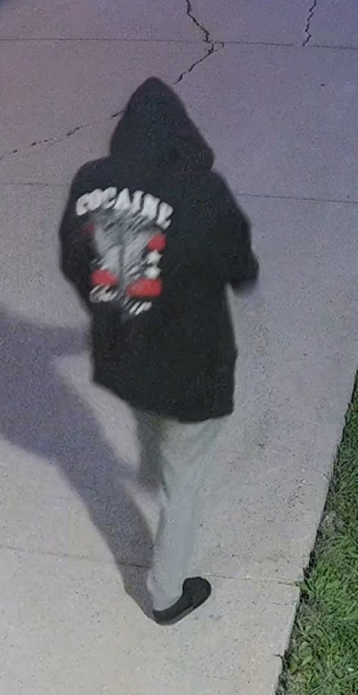 slender youth male suspect wearing a dark Cocaine and Caviar hoodie and dark slides