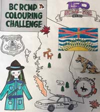 Défi de coloriage de la GRC en Colombie Britannique – Feuille montrant des éléments liés à la police et à la GRC et silhouette de la province de la Colombie Britannique; coloriée par  Ellia