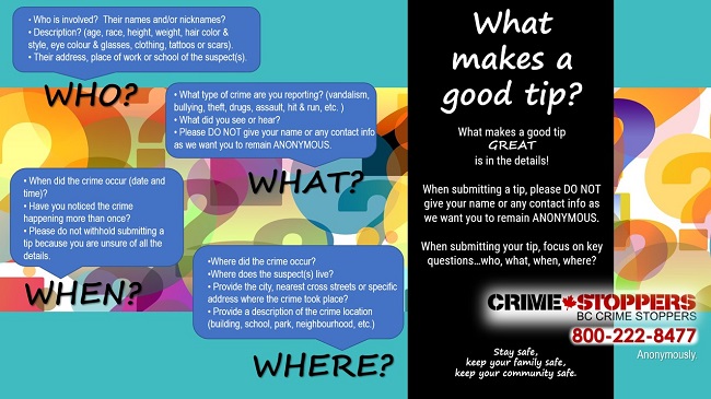 BC Crime Stoppers poster advising what makes a good tip. 