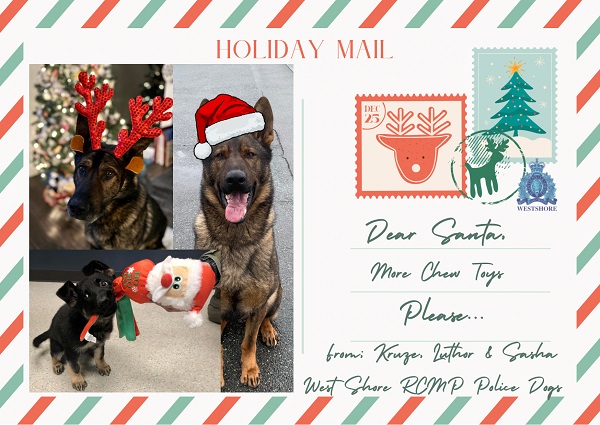 Holiday card with pictures of Kruze, Luthor and Sasha, West Shore RCMP Police Dogs 
